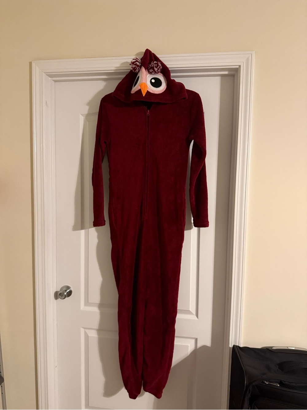Juniors Burgundy Fleece One-Piece with Owl Hood